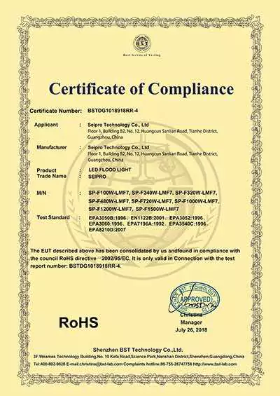 RoHS-Zertifikat - Hersteller von LED-Hallenstrahlern